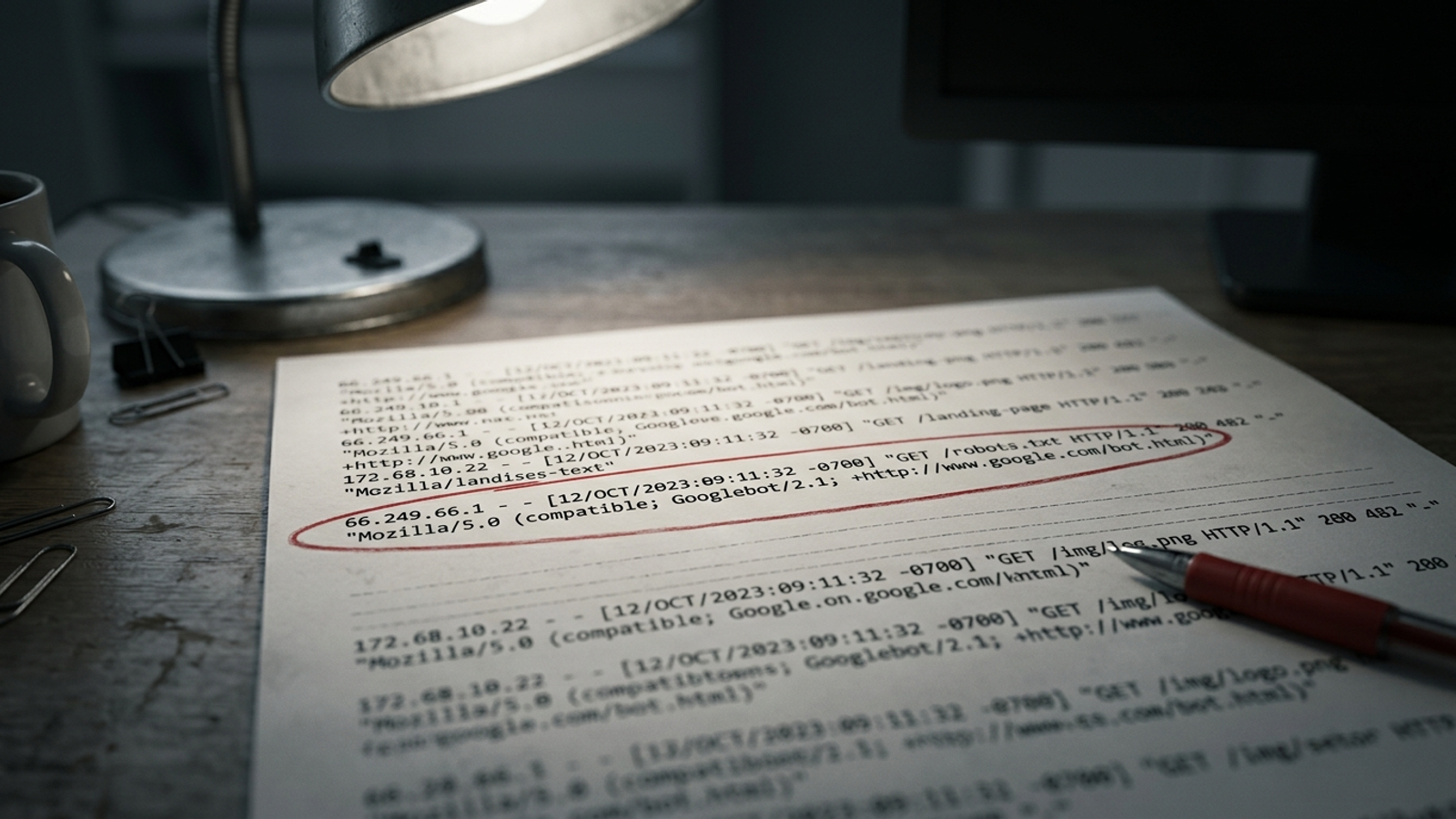 Server log printout with a missing Googlebot fetch marked in red